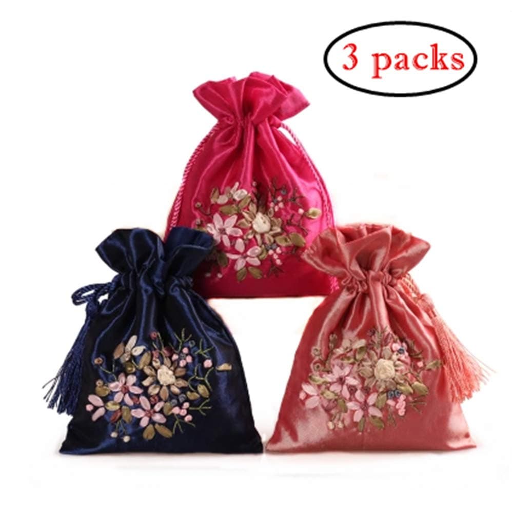 2500 Silk Art Hand-Embroidered Flowers Silk Damask Bunches Drawstring Coin Purse Jewelry Candy Bags H6.7 W5.1 BAG015 (3packs)