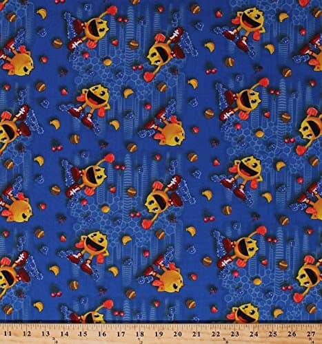 Cotton Pac-Man Pac Man Arcade Video Game Gaming Gamers Fruit Food Ghosts Blue Cotton Fabric Print by the Yard (25343-blu1)