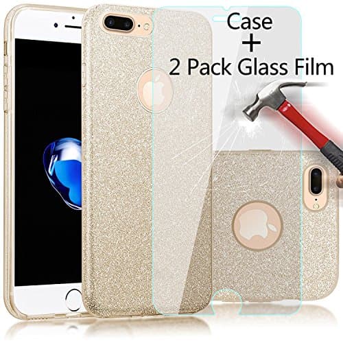(2 Pack Glass Film+Case)Truecore iPhone 6 6s 4.7 Inch Case Kits, Fashion Luxury Protective Hybrid Beauty Crystal Rhinestone Sparkle Glitter Hard Diamond Case Cover (gold)