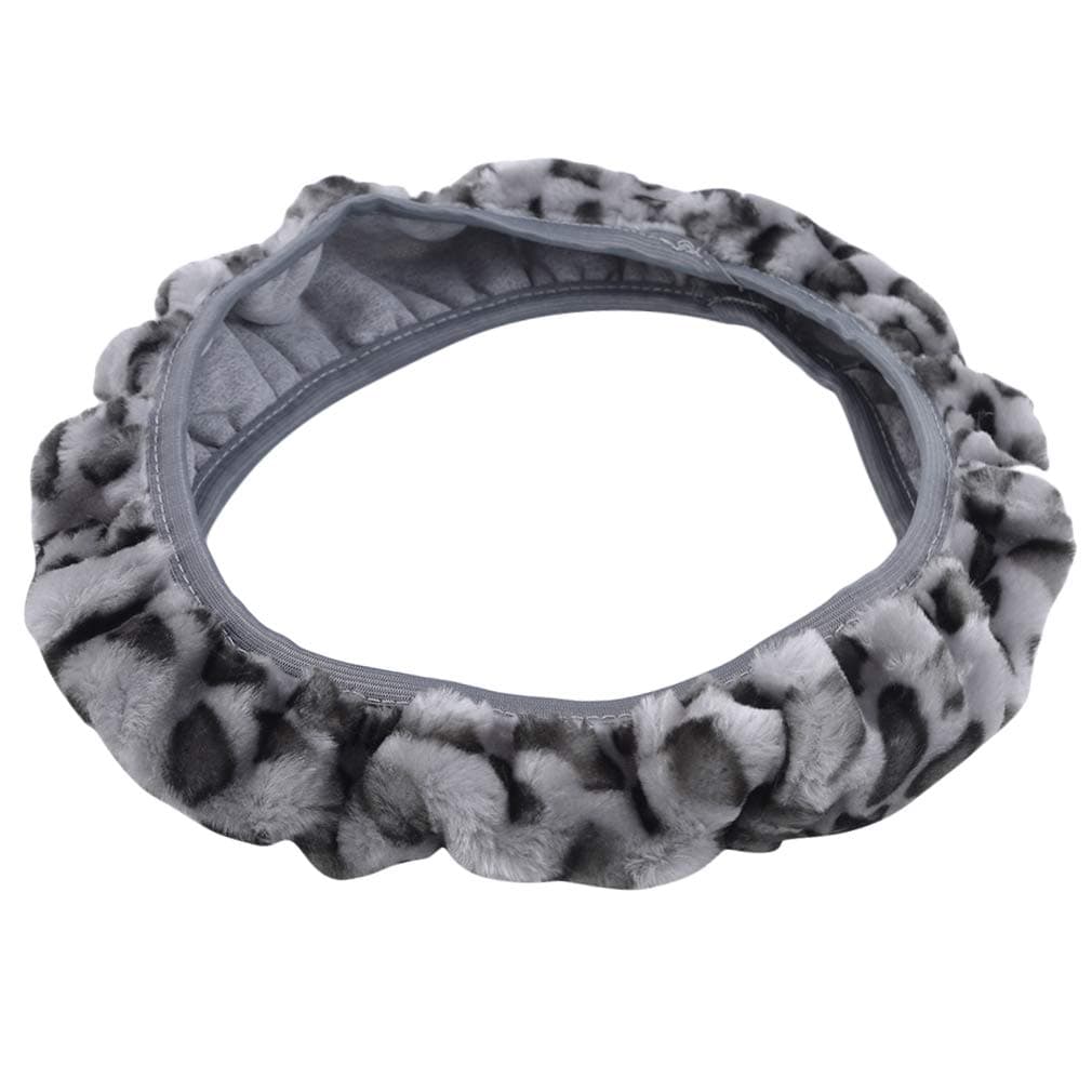 GloryMM Car Steering Wheel Covers Plush Leopard Print Universal Steering Wheel Protector Accessories,Gray