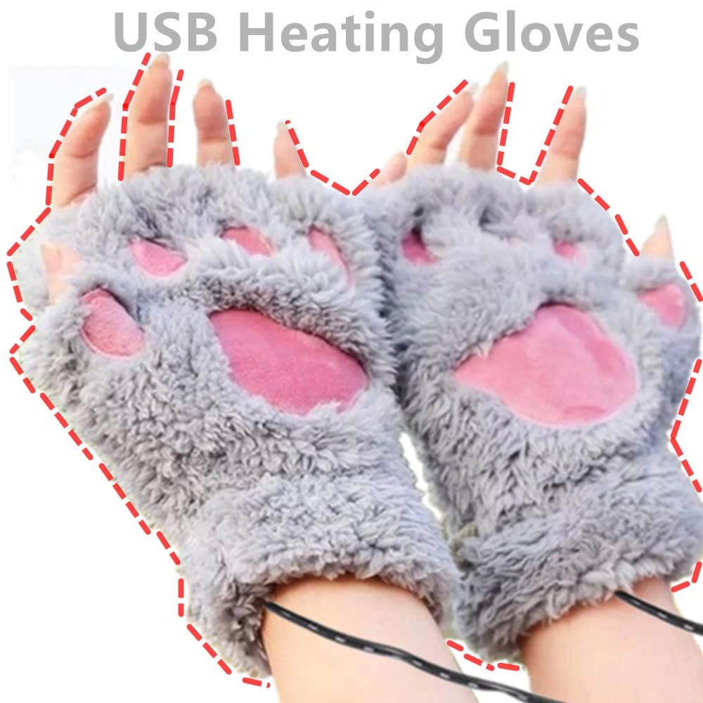 DECVO USB 2.0 Powered Stripes Heating Pattern Knitting Wool Cute Heated Paw Gloves Fingerless Hands Warmer Mittens Laptop Computer Warm Gloves for Women Men Girls Boys (Gray)