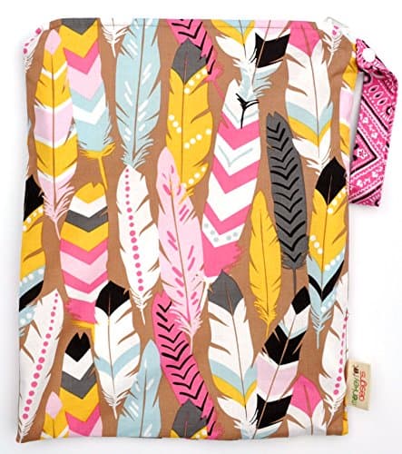 TOP RATED Monkey Foot Designs Wet Bag MEDIUM 11" x 14" Diapers / Snacks / Gym / Swim (Luckie Feathers)