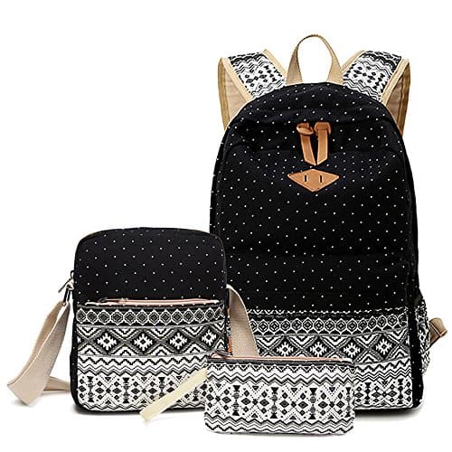 CulturesIn 3 Pieces Geometry Dot Casual Canvas Backpack Bag Suit , Fashion Cute Lightweight Shoulder Daypack School Backpack Causal Handbag for Teen Young Girls (black)