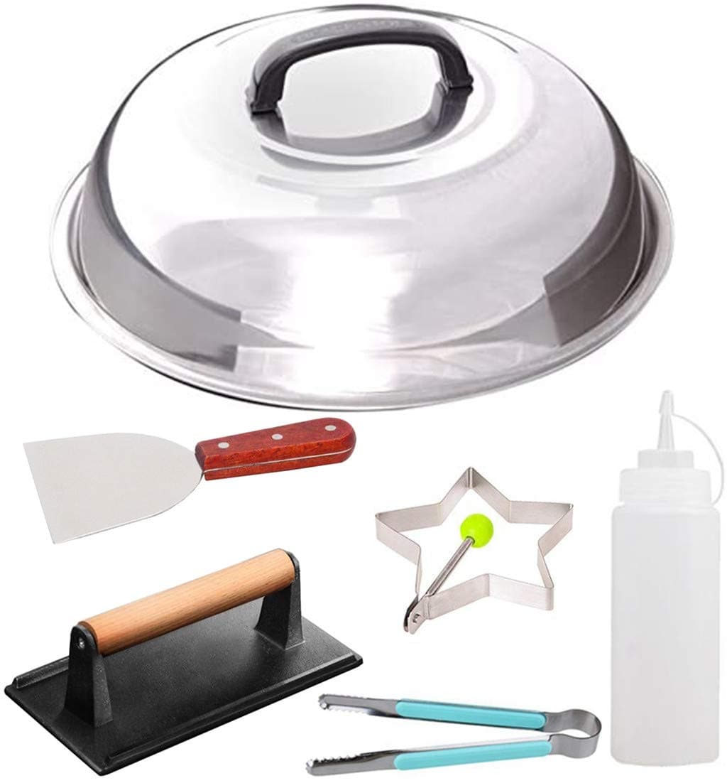 6 Pieces Cast Iron Bacon Steak Grill Press Dome Basting Cover, Grill Griddle BBQ Tool Kit - Heavy Duty Professional Grade BBQ Tools - Perfect Grilling Utensils for Outdoor and Indoor BBQ Accessories