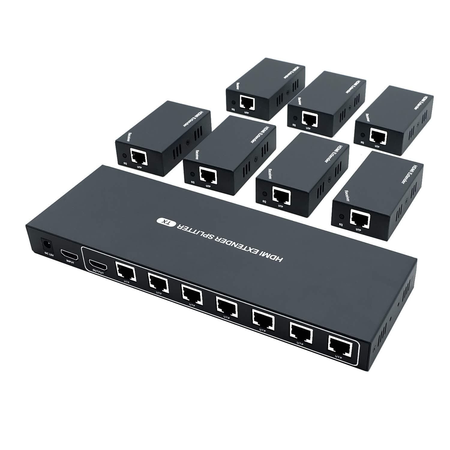 HDMI Extender Splitter 1 to 7 Over Ethernet Cat5e / Cat6 / Cat7 Up to 50M (165Ft) with 1 HDMI Loopout 1080P@60Hz AV Signals Lossless Transmission