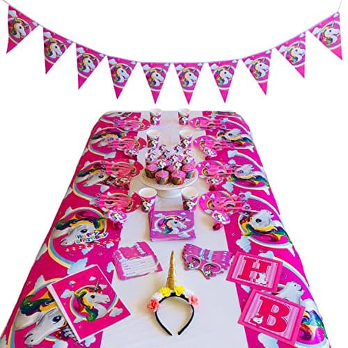 Unicorn Party Supplies – Complete Set With Disposable Tableware, Party Decorations, Unicorn Headband, Cake Toppers, Gift Bags, Invitation Cards, Eye Masks, Blow Dragons & Party Favors – 126 Pieces