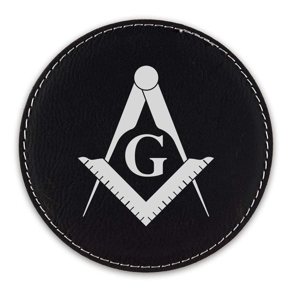 Freemasonry Emblem Drink Coaster Leatherette Round Coasters Freemason Masonic - Black Silver - Set of Six Round Coasters