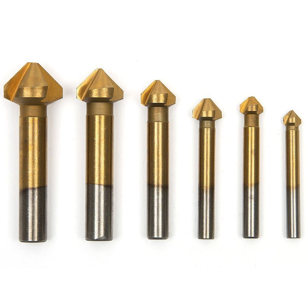 Wazaza 6pcs HSS Countersink Drill Bit Set 90 Degree 3 Flute, Countersink Bits, Titanium Chamfer Cutter Mill Drill Bits: 6.3mm, 8.3mm, 10.4mm, 12.4mm, 16.5mm, 20.5mm