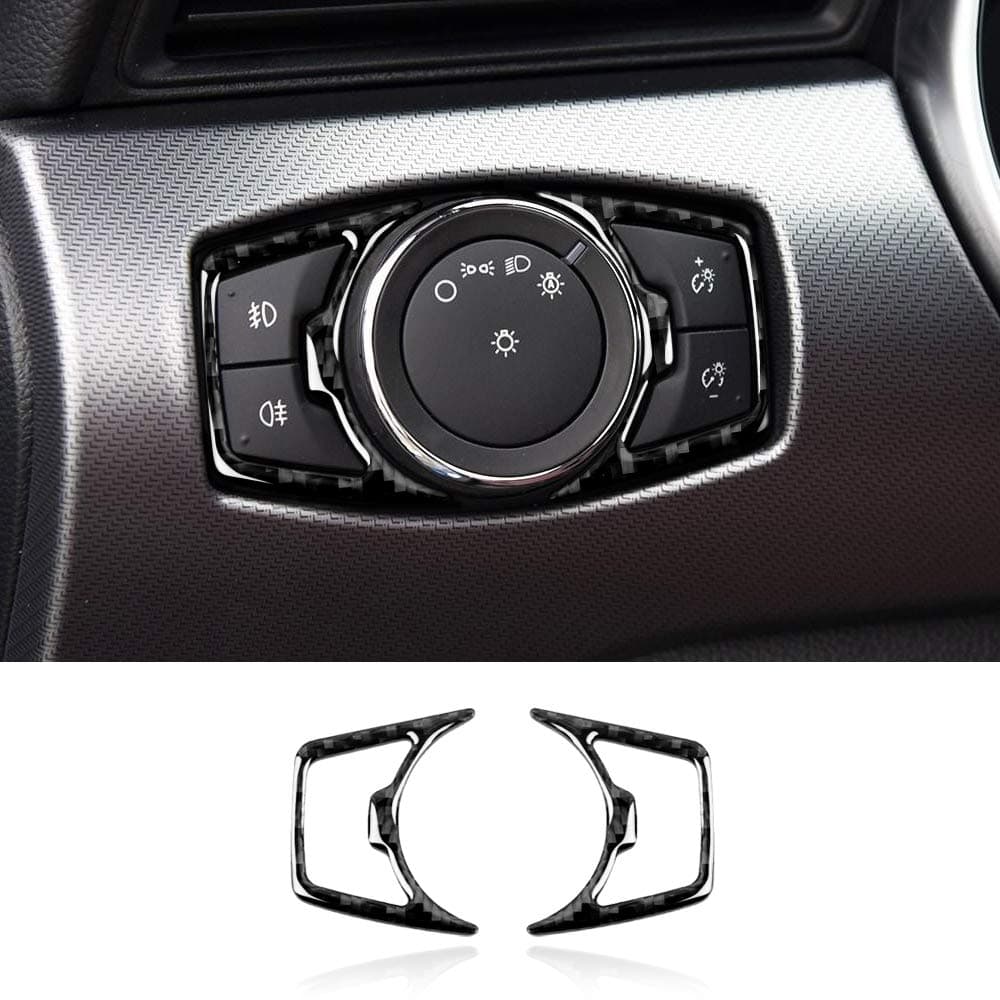 Car Styling Carbon Fiber Headlight Switch Button Decorative Frame Cover Trim Sticker for Ford Mustang 2015 2016 2017 2018 2019 Accessories (2 Pieces - Black)