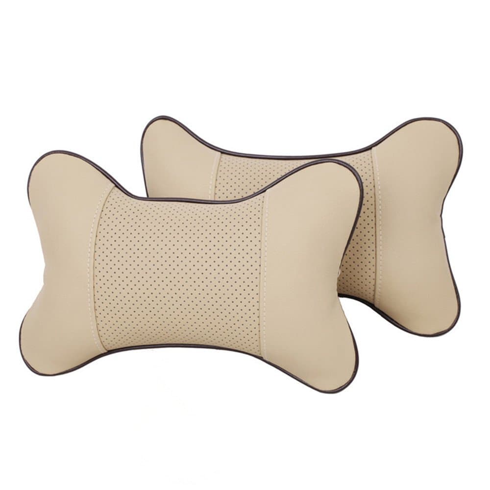 2 Pcs Cream Color Leather Dog Bone Shape Car Neck Pillow