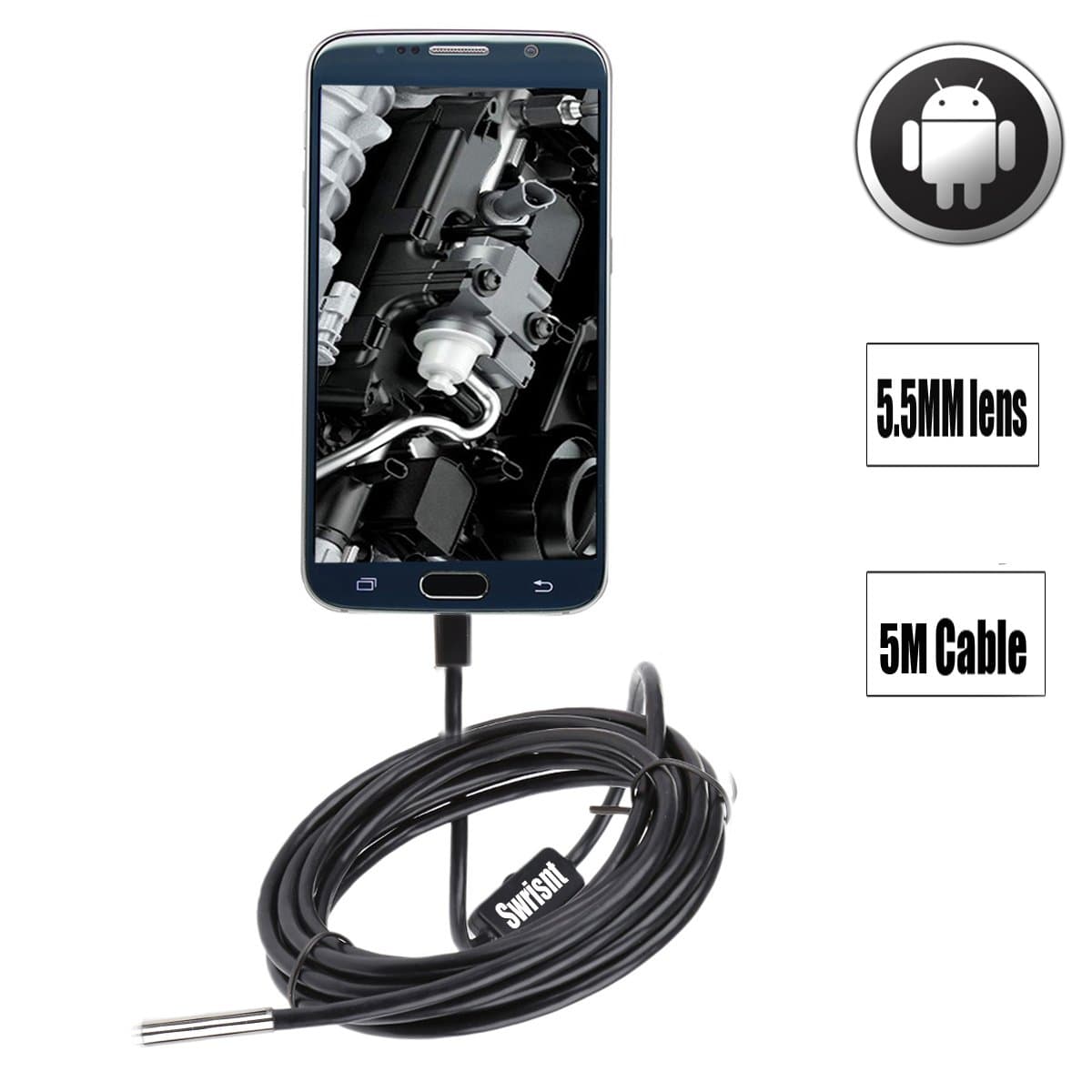 Swrisnt Endoscope Android USB Borescope 5.5mm 5m Waterproof Inspection Snake Camera for Smartphone with OTG Function