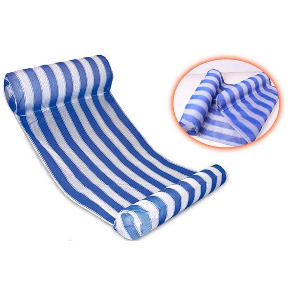 Deluxe Blue and White Stripe Water Float Hammock with 2 Inflatable Pillows