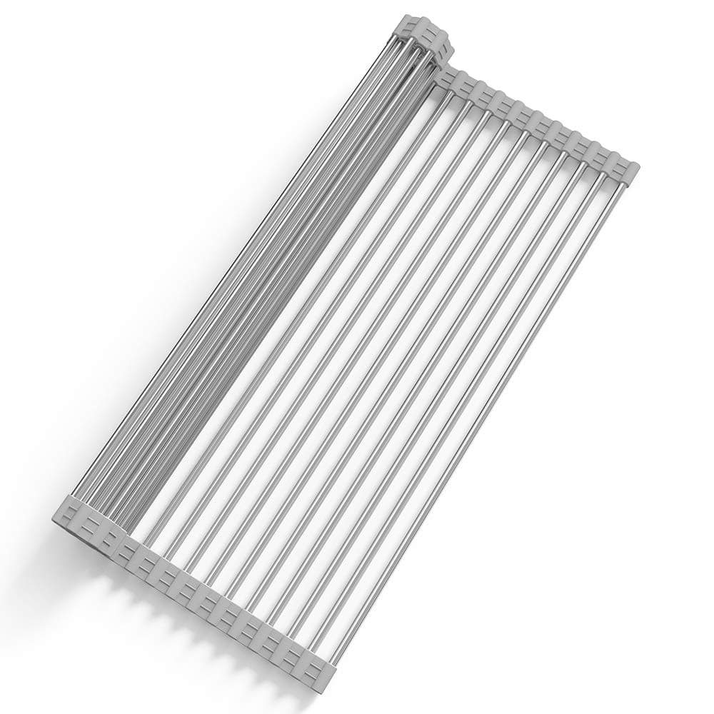 Over Sink Dish Drying Rack, Hisome Roll Up Dish Drainer Mat Foldable Stainless Steel Draining Rack, 50x34CM Portable Multipurpose Drying/Draining/Trivet(Grey)