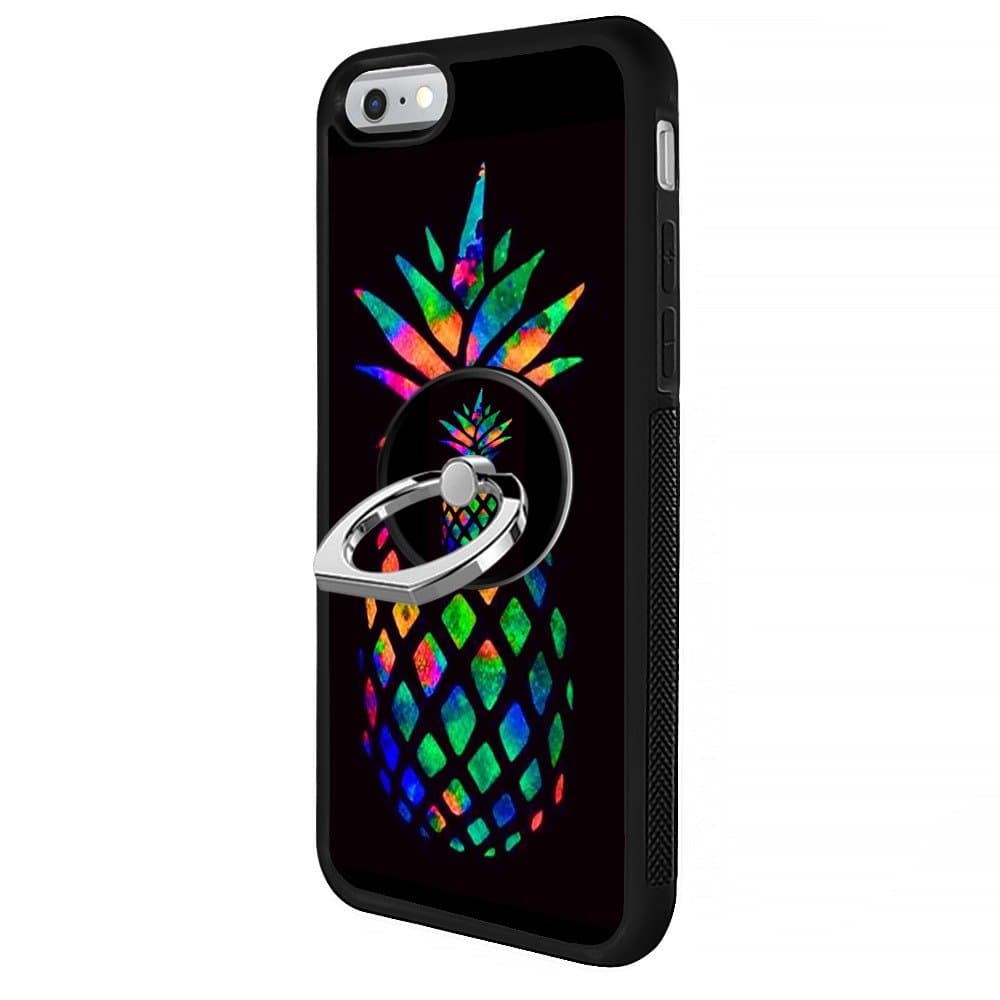 Black iPhone 6s 6 Case with Ring Holder Stand Rose Skull Pattern 360 Rotation Ring Grip Kickstand Soft TPU and PC Anti-Slippery Design Protection Bumper for iPhone 6s 6 (Rainbow Pineapple)