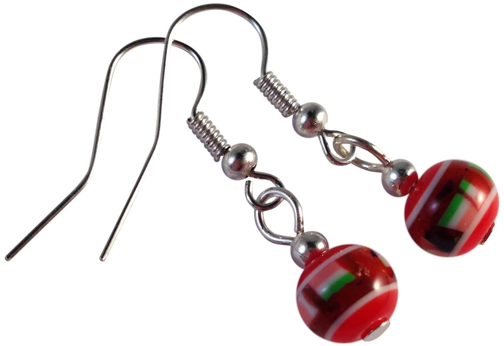Red Patterned Resin Bead Earrings on Silver Tone Nickelfree Hooks