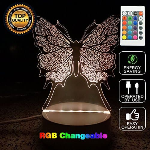 Amazing 3D Butterfly Optical Illusion Touch Night Light LED Desk Lamp Art Piece with 7 changing Colors, USB Powered for Decoration & Gifts