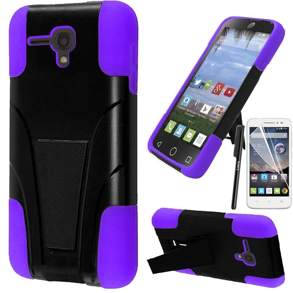 Alcatel OneTouch Pop Star 2 LTE Case / Alcatel Pop Nove LTE Phone Case, Luxca (Tm) Alcatel One Touch Pop Star 2 LTE / Alcatel OneTouch Pop Star 2 LTE / Alcatel Pop Nova LTE (Straight Talk) Hybrid Heavy Duty Rugged Impact Advanced Armor Soft Silicone Cover Hard Snap On Case with Kickstand Tuff Symbiosis + Clear LCD Screen Protector + Luxca (Tm) Stylus Pen (Purple / Black Y Stand)