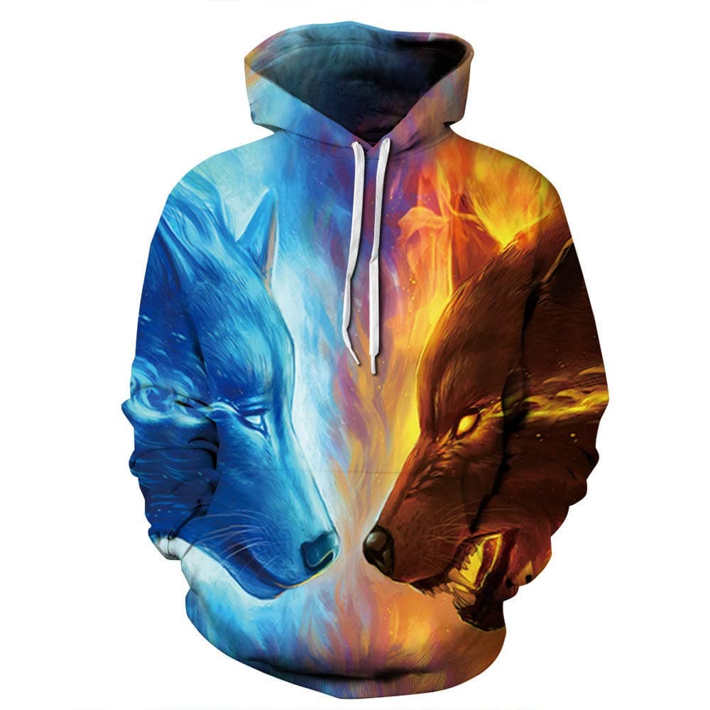 Morton PegfwaS Ice Fire Wolf 3D Printed Hooded Sweater, Loose Couple Baseball Sportswear Top
