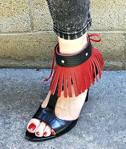 Red and Black Leather fringe Anklet Boot Cuff