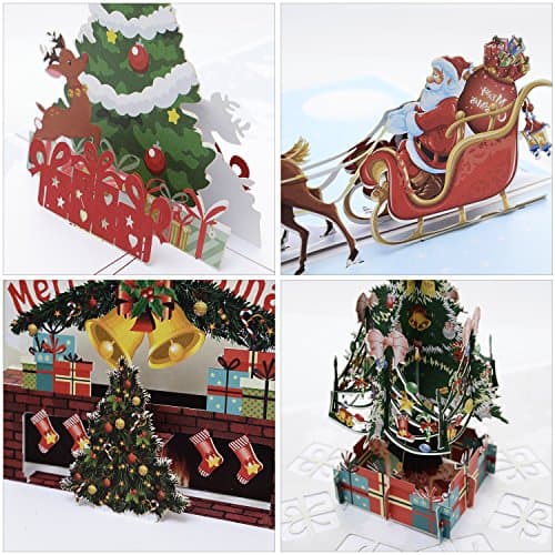 Gngsoh 4 Pack 3D Christmas Pop Up Card with Envelope Smooth for Writing, Handmade Paper Craft Get Well Merry Xmas Greeting Card for New Year Holiday Gift Classic Christmas Designs as Xm Tree Santa