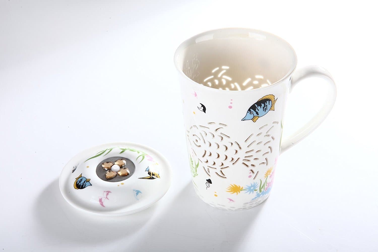 Sanjee Ceramic Crystal Porcelain Mug,7 Color LED Lights Changing,Creative presents,beautiful cups,water inside visible,with lids,17 ounces,500ml,Underwater World(fish&seaweed),UW2-US