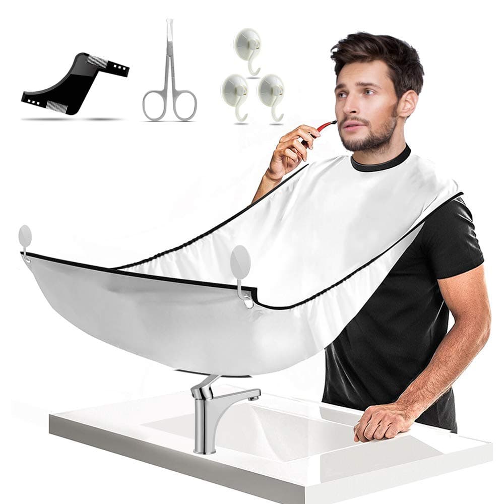 Beard Bib 1DOT2 Adjustable Beard Catcher for Beard Hair shaving and trimming Cape Apron with Suction Cups Beard Shaping Tool and Beard Scissors white