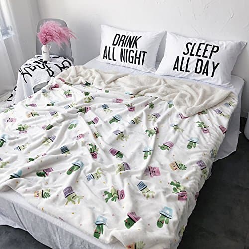 Karever Bed Throw Blankets Sherpa Blanket Throws for Couch Soft Heavy Weight Warm Reversible White Cactus Full Size Queen Size Blanket