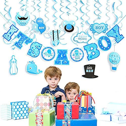 Boy Baby Shower Decorations + Included eBook | 31 Pcs Set Includes: It’s a Boy Banner (10 feet) + Hanging Decorations in Blue, Cute and Classic Decor | Perfect to Match with Any Baby Shower Theme