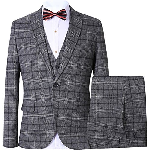 Men’s Slim Plaid Modern Fit One Button 3-Piece Suit Blazer Dress Suit Jacket Tux Vest & Trousers (US XS 32 - CN M, Light Gray)