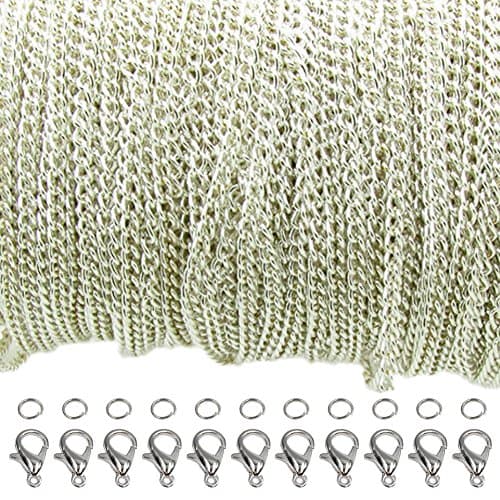 Dcatcher 39 Feet Curb Chain Necklace Bulk Cable 2.5mm Width with 30 Lobster Clasps and 100 Open Jump Rings for Jewelry Making (Silver)