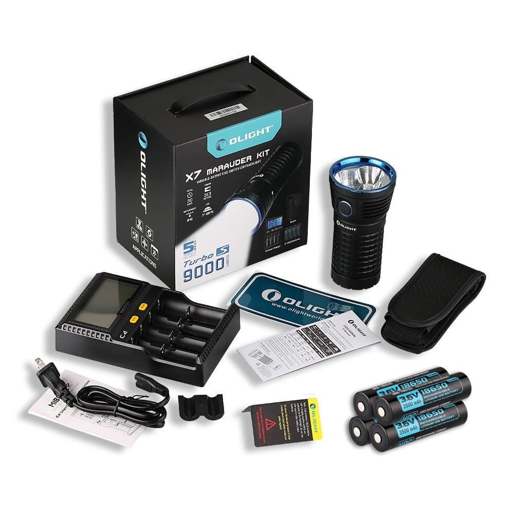 Olight X7 Marauder Kit, Ultra Bright Flashlights Torch,Light with 4pcs Customized 18650 Batteries, Hits 9000Lumen, Super Awesome Search Lamp Can Fulfill All the Outdoor and Indoor Use