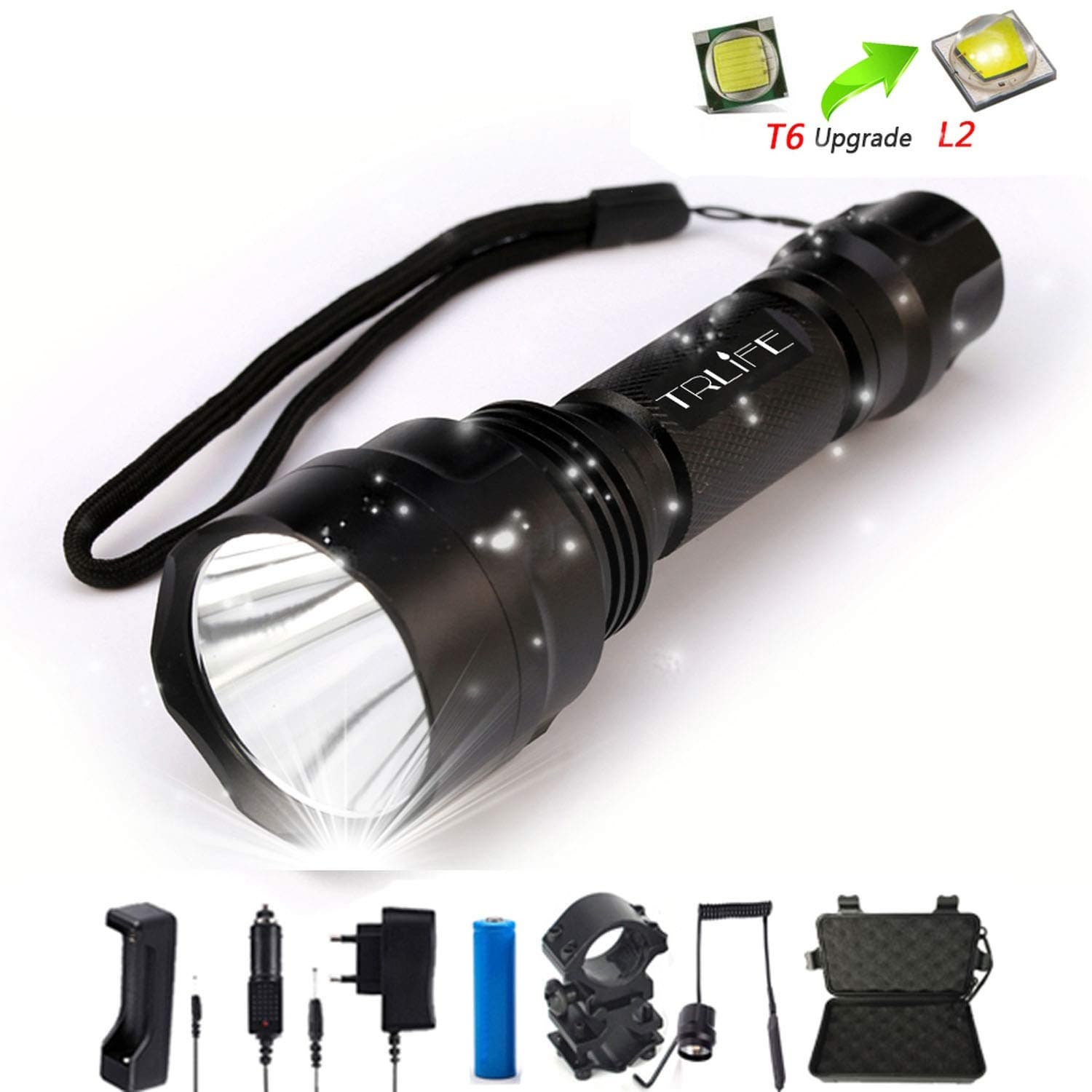 10000 Lums Flashlight Linterna LED Torch Light L2 Tactical Aluminum Hunting Flash Light Lamp +18650+Charger+Gun Mount,G,No (10000 l)