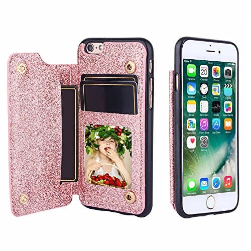 CSTOP ZOOM Series, iPhone 7 Wallet Case, 3 ID Credit Card Slot, Cash Slot, Button Snap, Flip-Out Back Leather Drop Protection Case For iPhone 7 (4.7 Inch) - Glitter Rose Gold