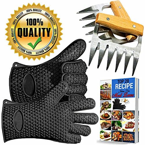 Bear Claws - BBQ Pulled Pork Metal Meat Shredder for Shredding / Lifting Chicken, Strongest Wooden Handle Stainless Steel Handling Forks + Premium Black Heat Resistant Cooking Gloves + Ebook (5pc Set)