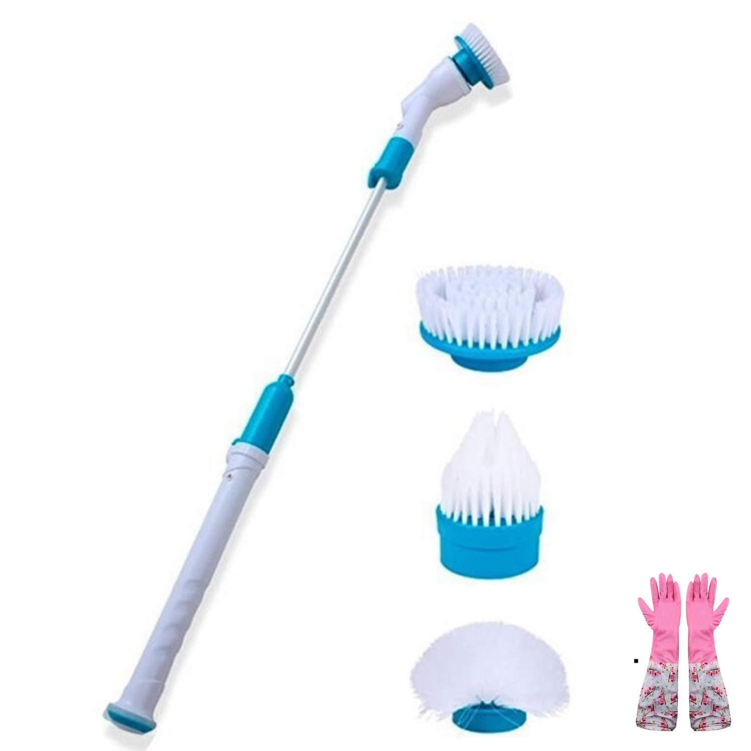 GSQUARE® Plastic Electric Spinning Scrubber Machine Floor Cleaning Bathroom Tiles Cleaner Tool with 3 Replaceable Brushes and Long Extension Handle (Large Size, White and Blue)