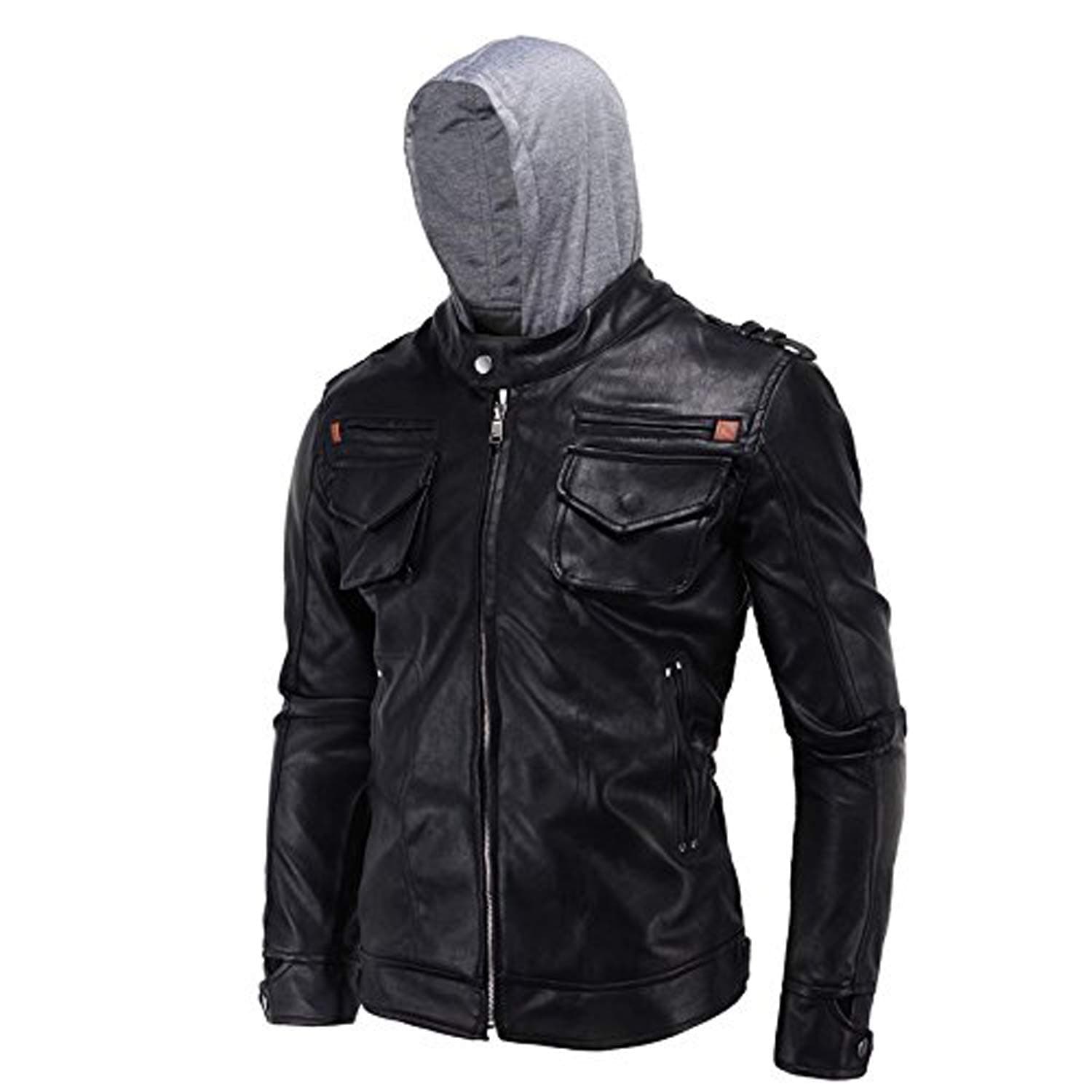 SID Mens Hoodie Lambskin Leather Jacket,Biker Jacket with Removable Hood