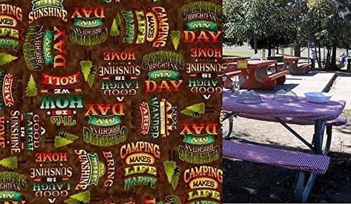 Stay Put Fitted Happy Camper Tablecloth for a 6 Ft Camp or Picnic Table. 3 Piece set. Table and 2 bench set. Happy Camper Table Cover Print Fabric.Can special order larger 9 foot tables if needed.