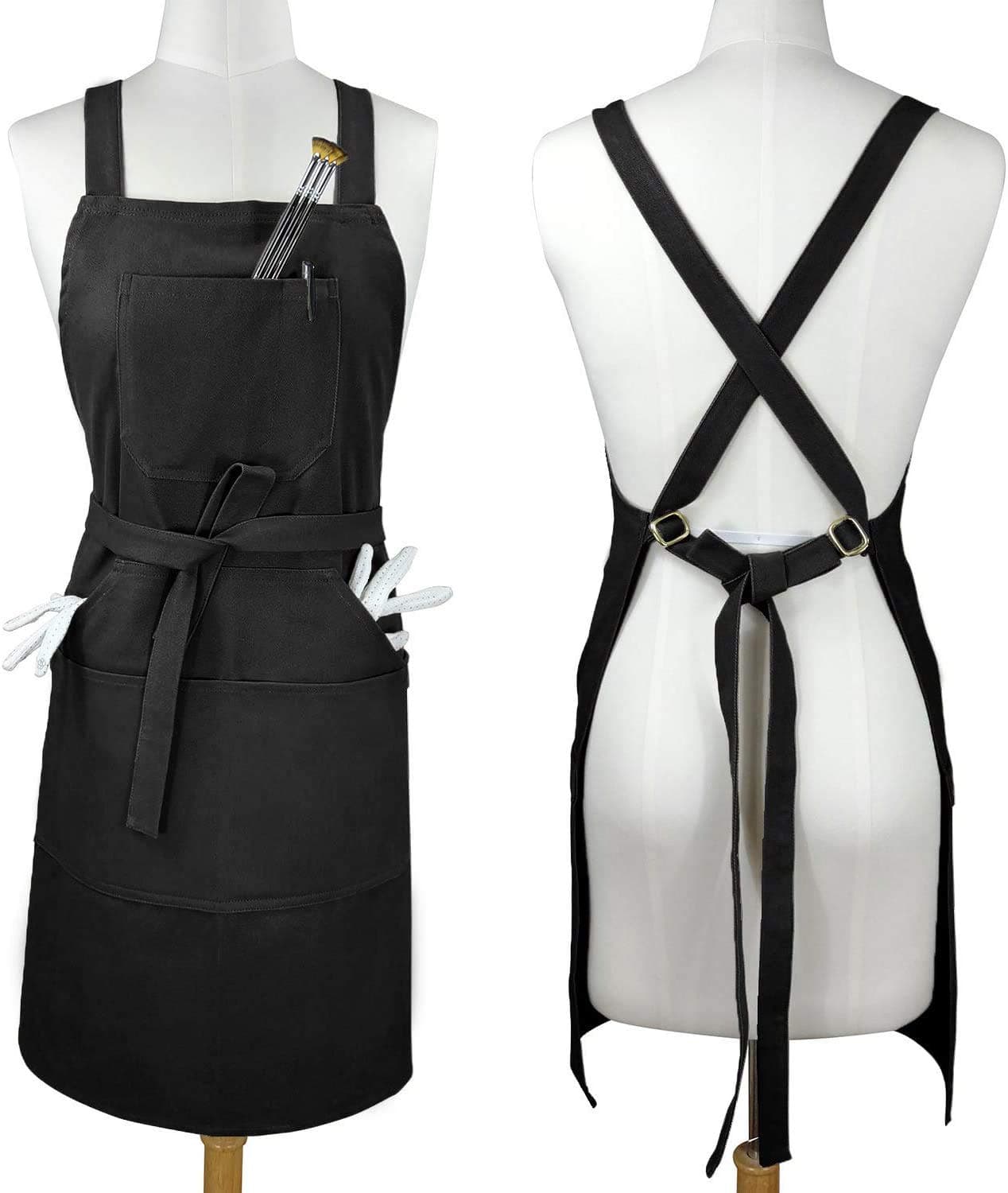 Sturdy Thick Professional Artist Apron, Cross Back + 6 Pockets with 1 Zipper Pocket + 2 Towel Loops For Artist Kitchen, Adjustable M to XXL, 27"X31" - 100% Cotton