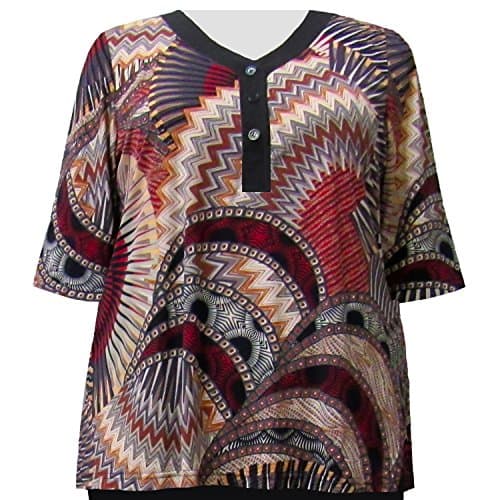 A Personal Touch Women's Plus Size 3/4 Sleeve Y-Neck Placket Top Spice Geometric 6X