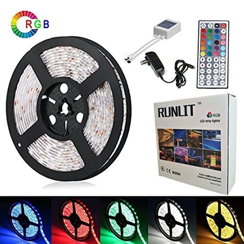 Runlit Led Strip Lights Kit Waterproof, Tape Light 16.4ft (5M) 5050 150LEDS RGB LED Light Strip Kit, IR Remote Controller, 12Volt Power Supply for Kitchen Bedroom, TV Cabinet, Party Bar Mood Lighting