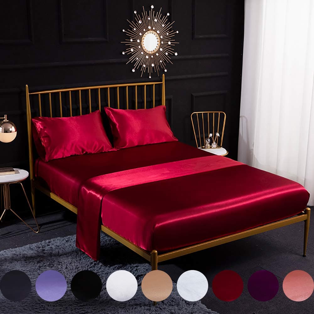 Omelas 4pcs Wine Red Silky Satin Sheets Set King Size Soft Microfiber Solid Smooth Silky Bed Sheets Modern Luxurious Bedding Collection, 16" Deep Pocket Fitted Sheet,Cool Flat Sheet,2 Pillowcases