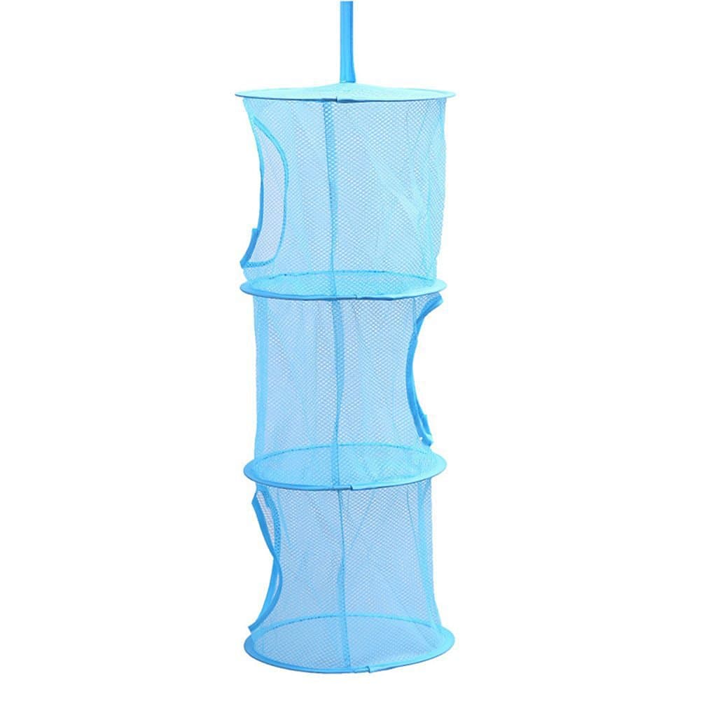 Foldable Round Mesh Hanging Organizer Net 3 Shelf Compartments Tier Kids Toy Storage Cage Space Saving Clothes Basket Bags Bathroom Wardrope Wall Door Closet (Blue)