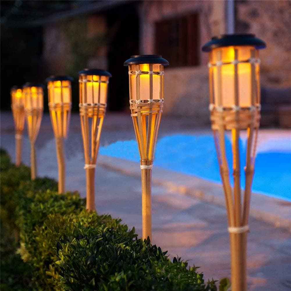 Mgxdd Solar Bamboo Tiki Torch Flame Warm LED Amber Flickering Light Landscape