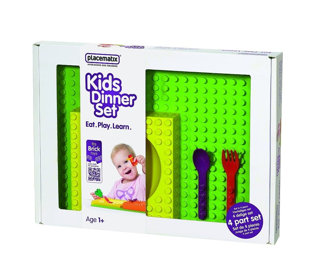 Placematix Interlocking Kids Placemat, Yellow Bowl, Red Fork & Purple Spoon-Gift Box Set, 4-piece