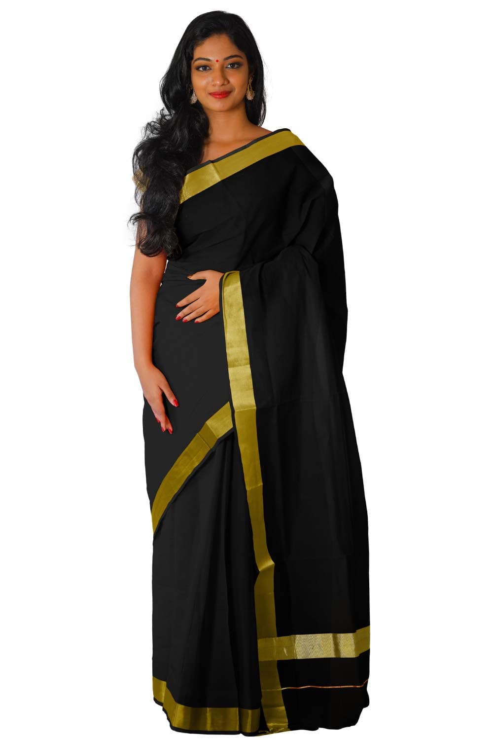 Women's Kasavu Cotton Saree (OS035_Black)