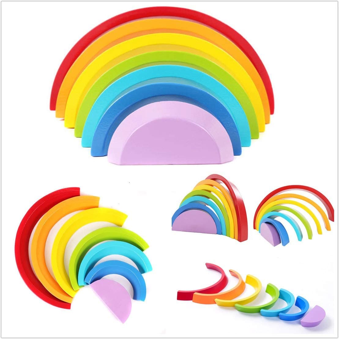 Gobus 7 Colours Wooden Rainbow Building Blocks Stacking Toy Educational Puzzle Geometry Bricks