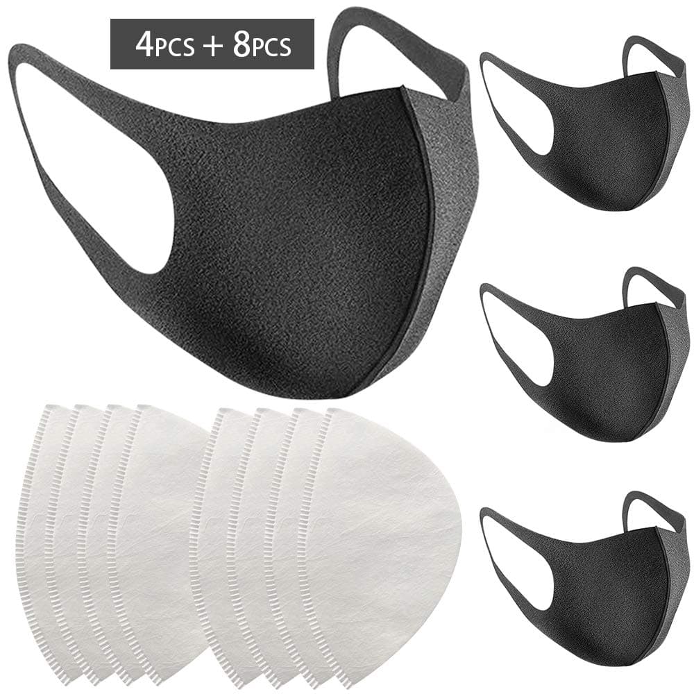 4 Pack Reusable Mouth Mask Face Masks, 8 Replacement N95 Air Filter Mask, Black Dust Mask Particulate Mask for Anti Dust, Smoke, Washable Face Mask Filter for Sport, Travel