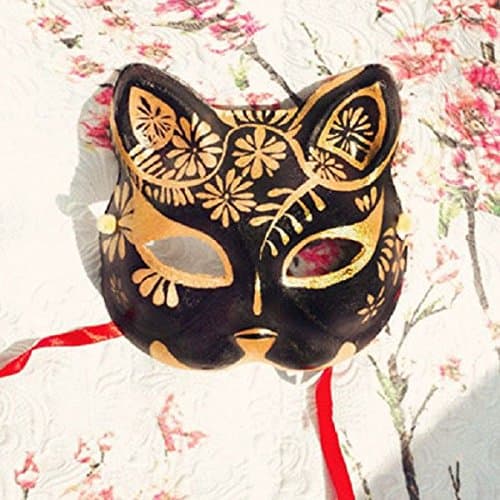 Half Face Hand Painted Paper Golden Flowers Pattern Japanese Style Cosplay Fox Mask