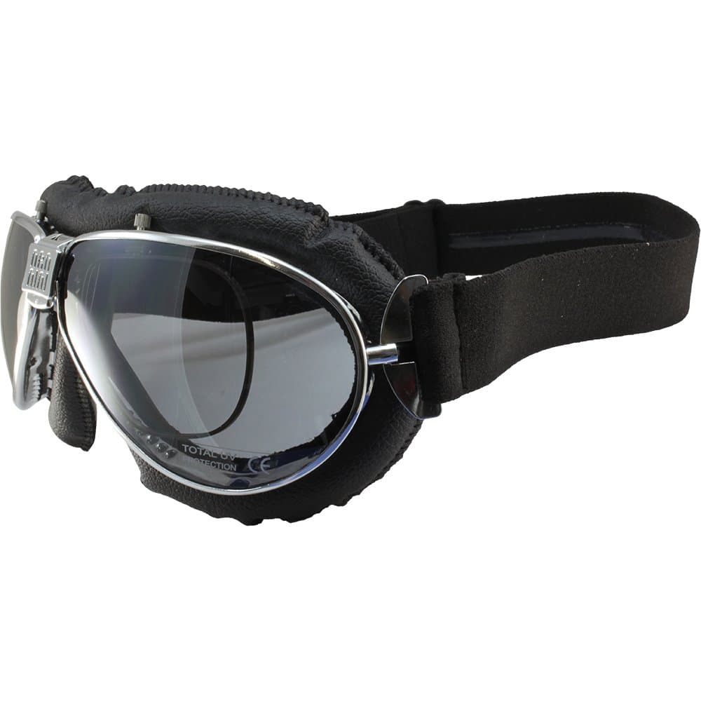 Nannini TT Hand-Sewn 4V Black Leather Goggles Chrome Silver Mirror Lens