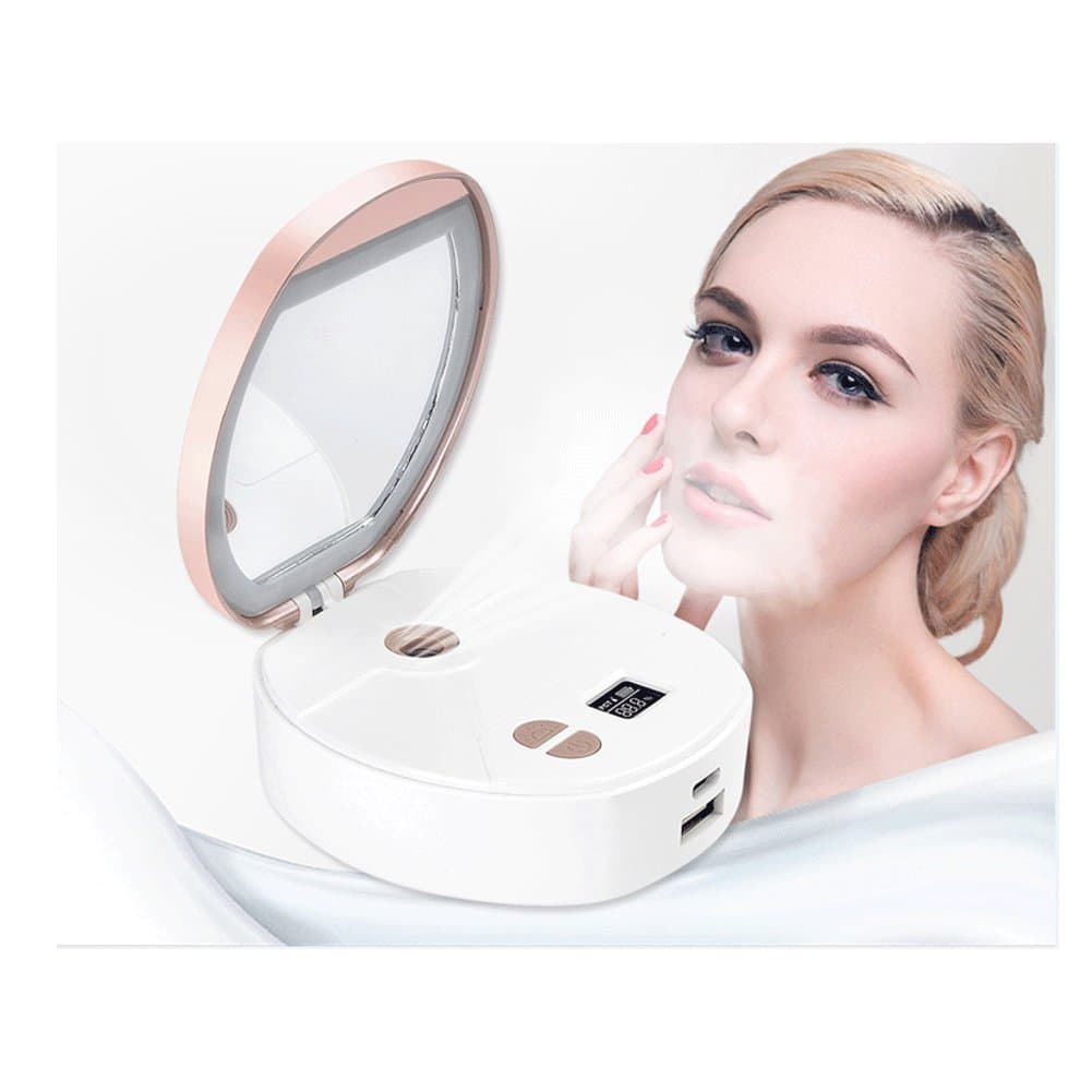 YAYAXI Handheld 3 LED Lighted Makeup Vanity Mirror with Face Cool Sprayer Nano Lonic for Eyelash Extension Deep Moisturizing and USB Power Bank Rechargeable (Gold)